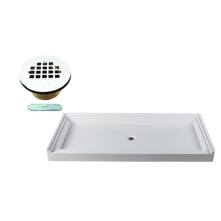 Westbrass Shower Pan 72 x 36 3-Wall W/ Center Solid Brass Drain W/ Modern Cross Grid in Powder Coat White HPG7236WHB-50